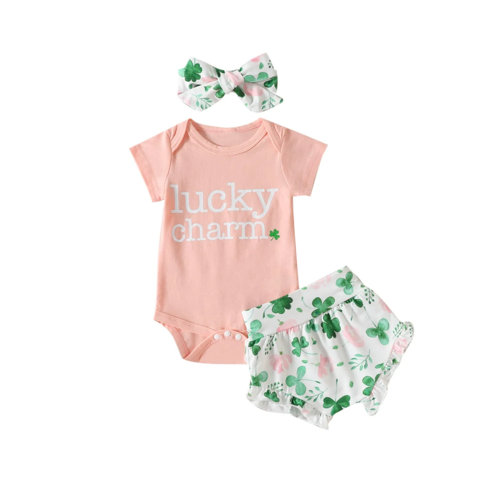 St. Patrick's Day Children's Set Alphabet Print Romper Shorts Three Piece Hair Band Set