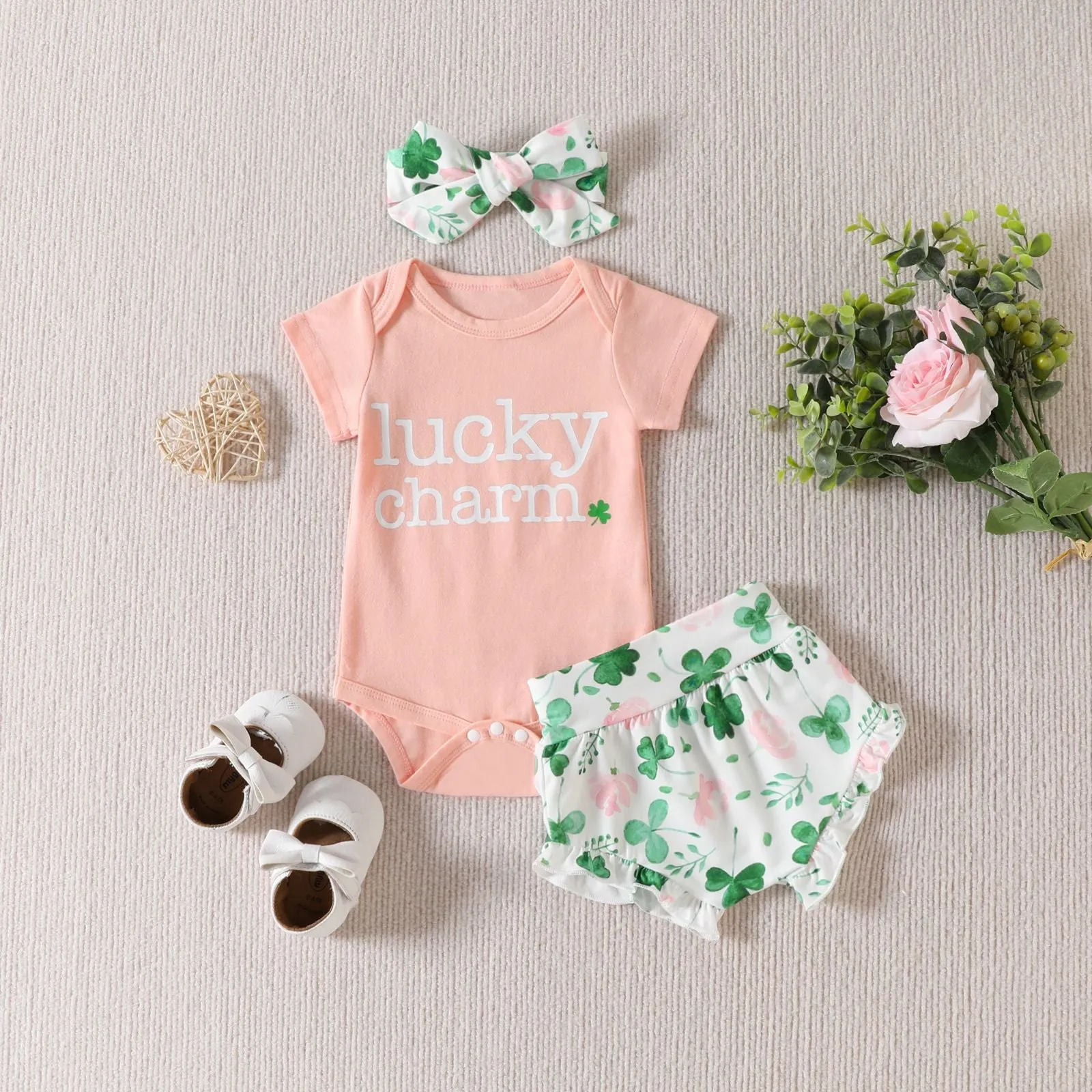 St. Patrick's Day Children's Set Alphabet Print Romper Shorts Three Piece Hair Band Set