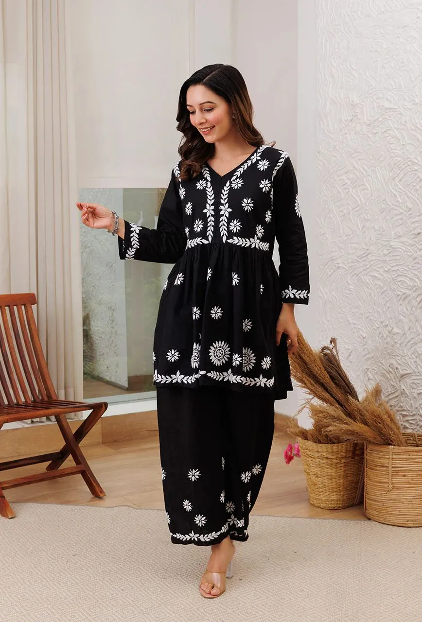 Surkh Black Flared Chikankari Kurta with Palazzo Set