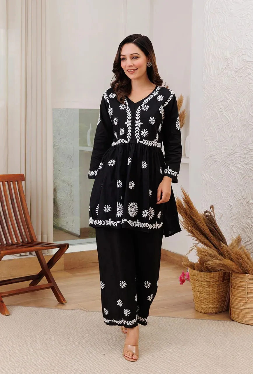 Surkh Black Flared Chikankari Kurta with Palazzo Set