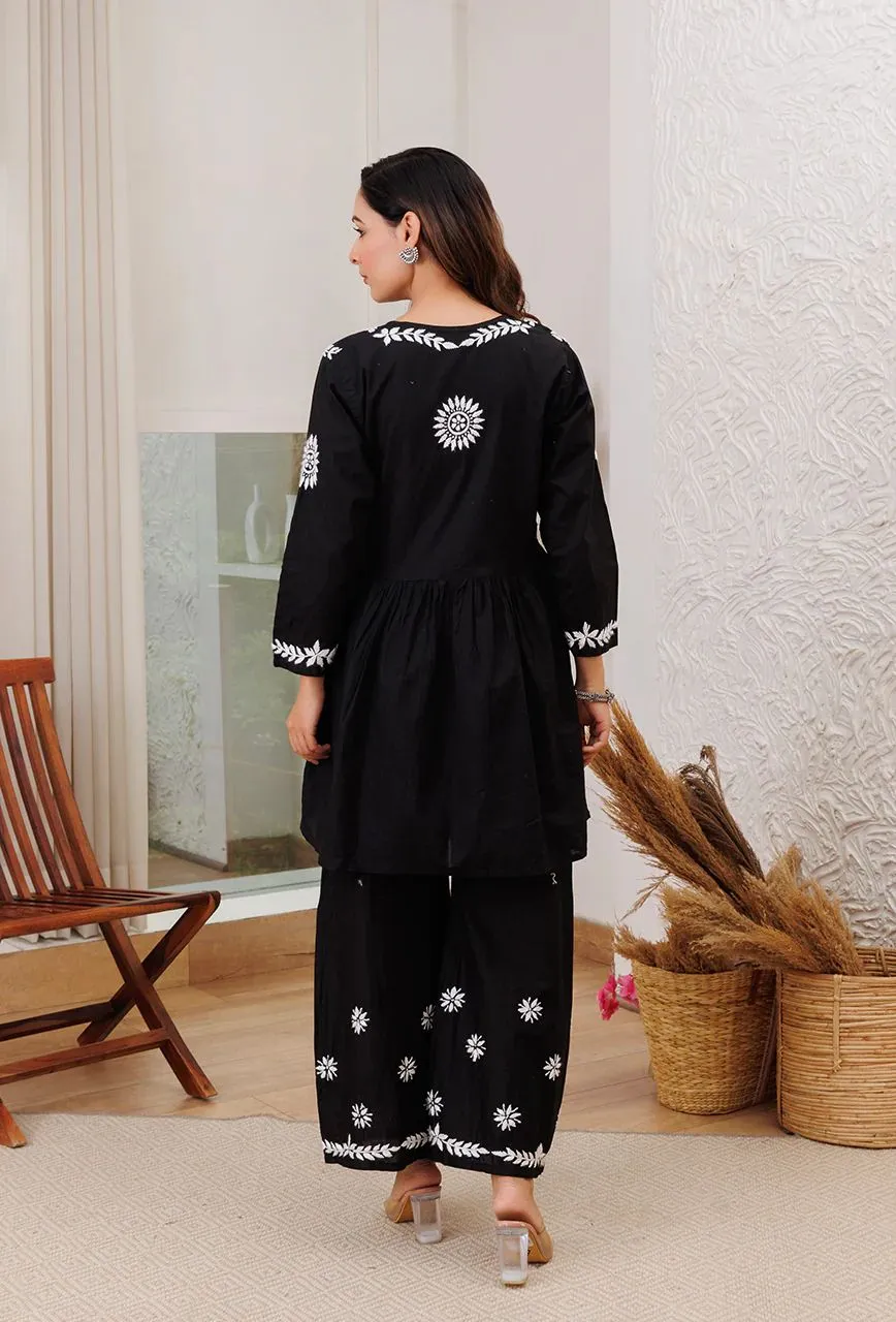 Surkh Black Flared Chikankari Kurta with Palazzo Set