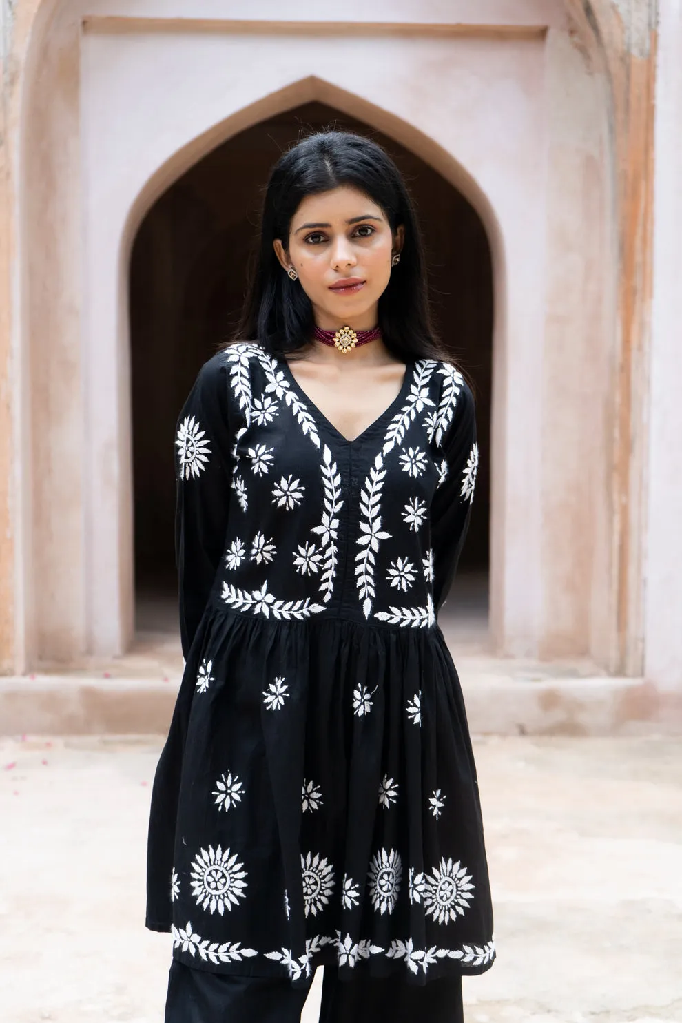 Surkh Black Flared Chikankari Kurta with Palazzo Set