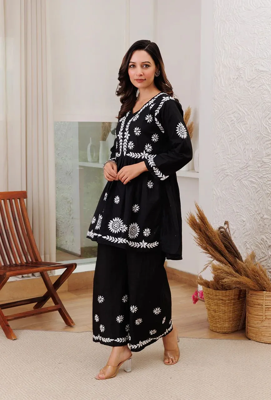 Surkh Black Flared Chikankari Kurta with Palazzo Set