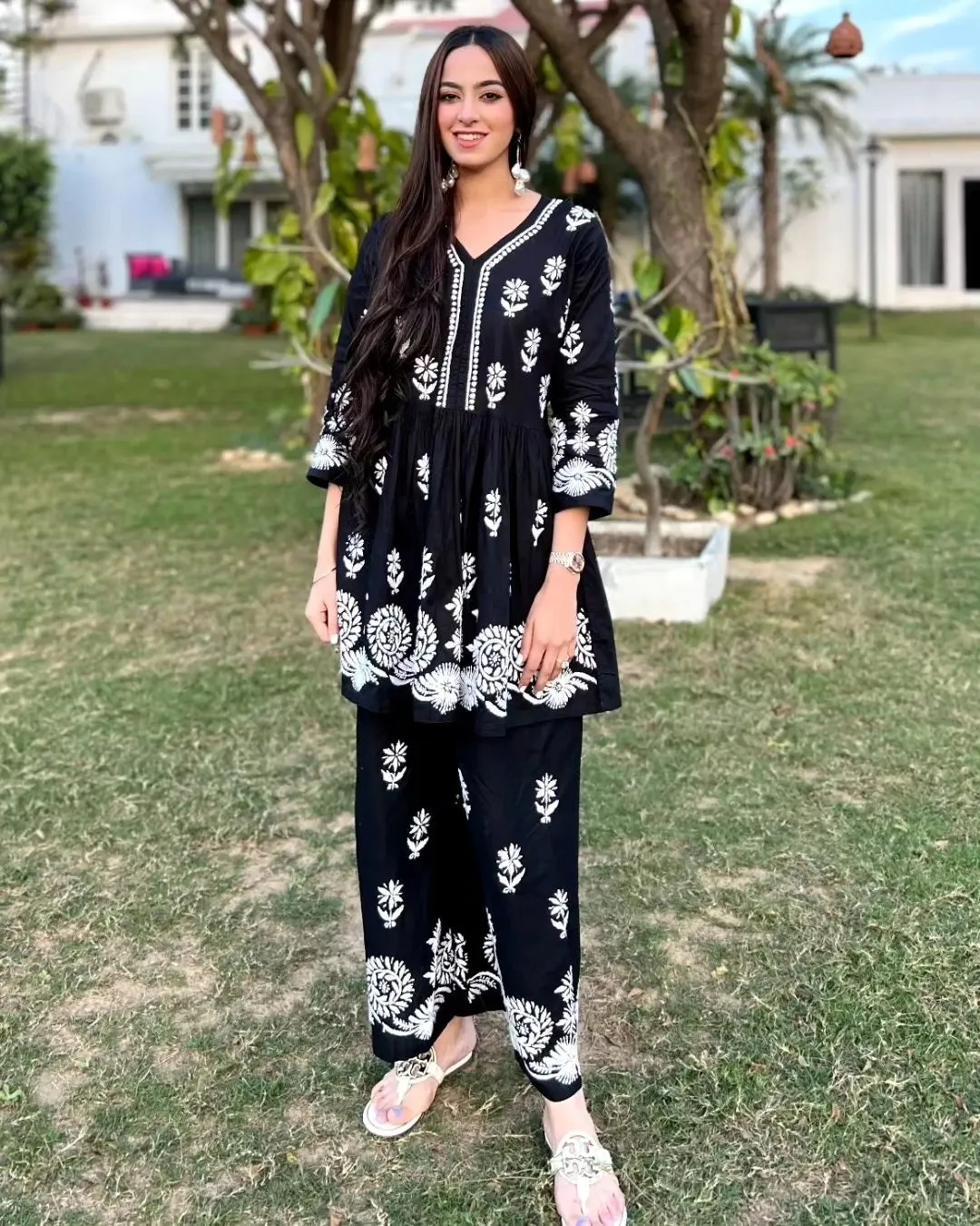 Surkh Black Flared Chikankari Kurta with Palazzo Set