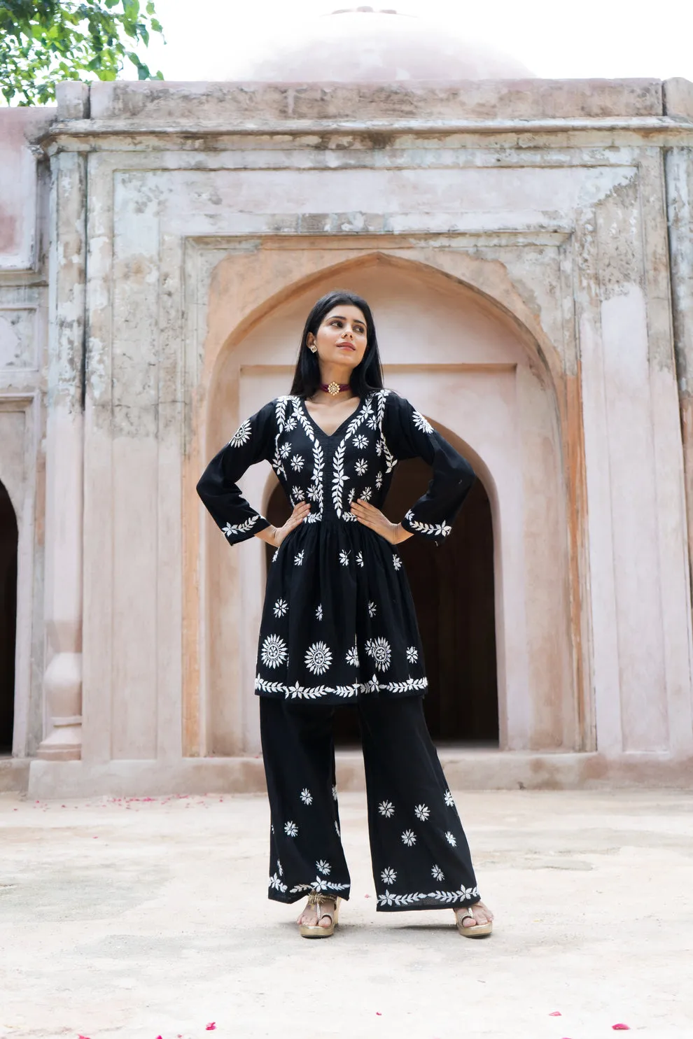 Surkh Black Flared Chikankari Kurta with Palazzo Set