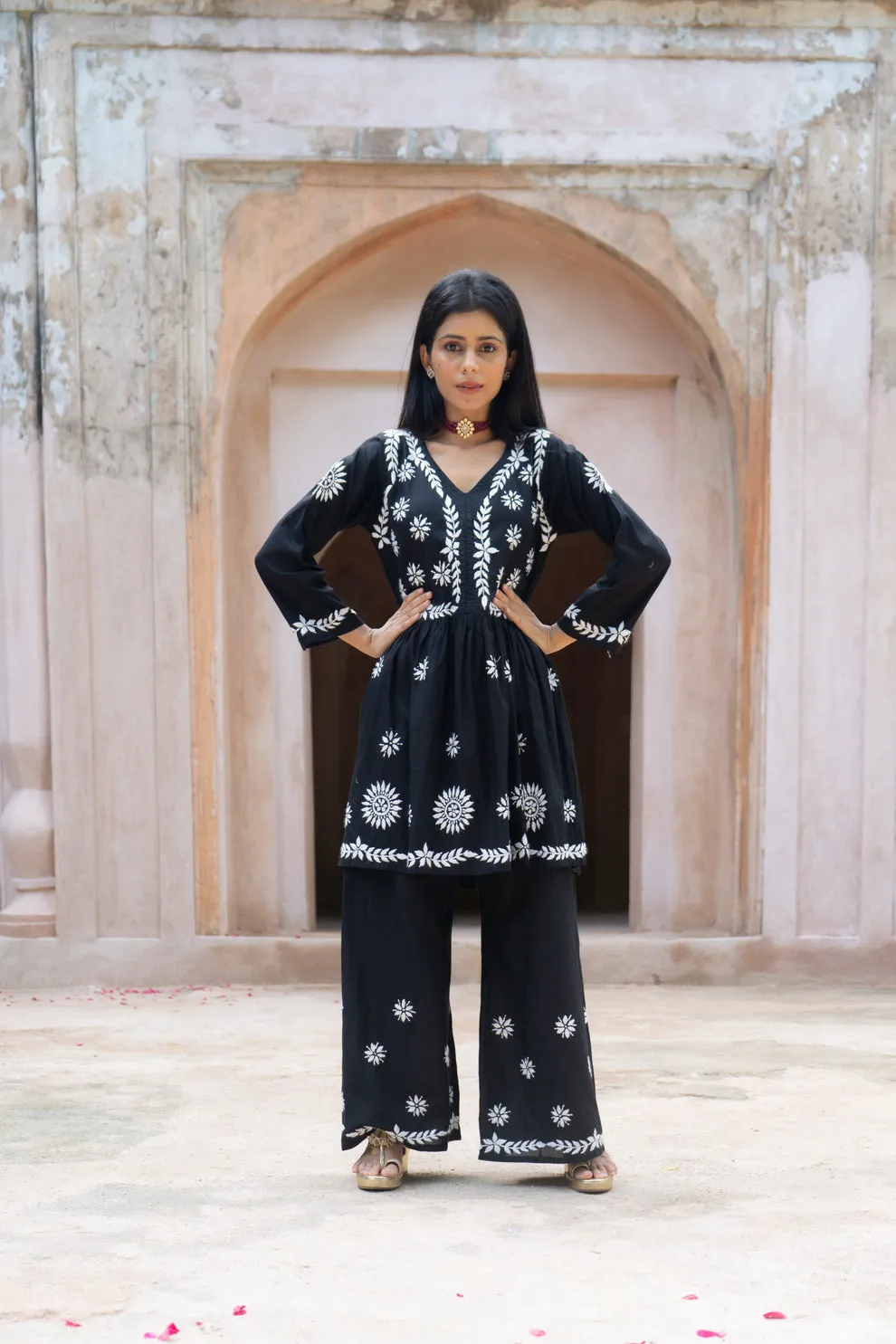 Surkh Black Flared Chikankari Kurta with Palazzo Set