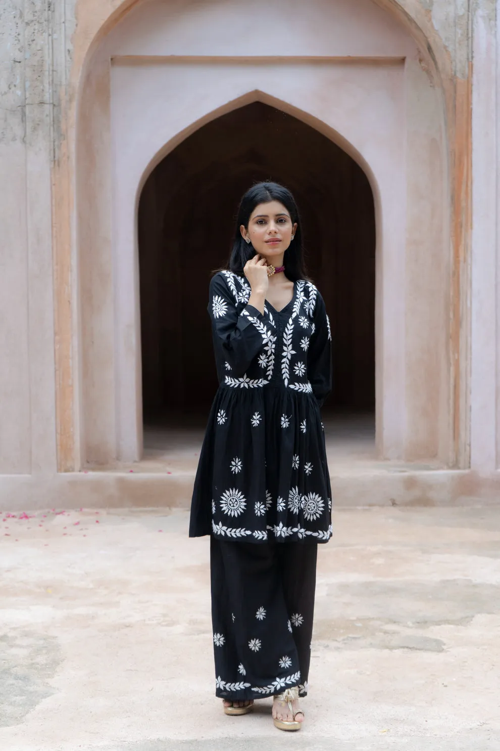 Surkh Black Flared Chikankari Kurta with Palazzo Set