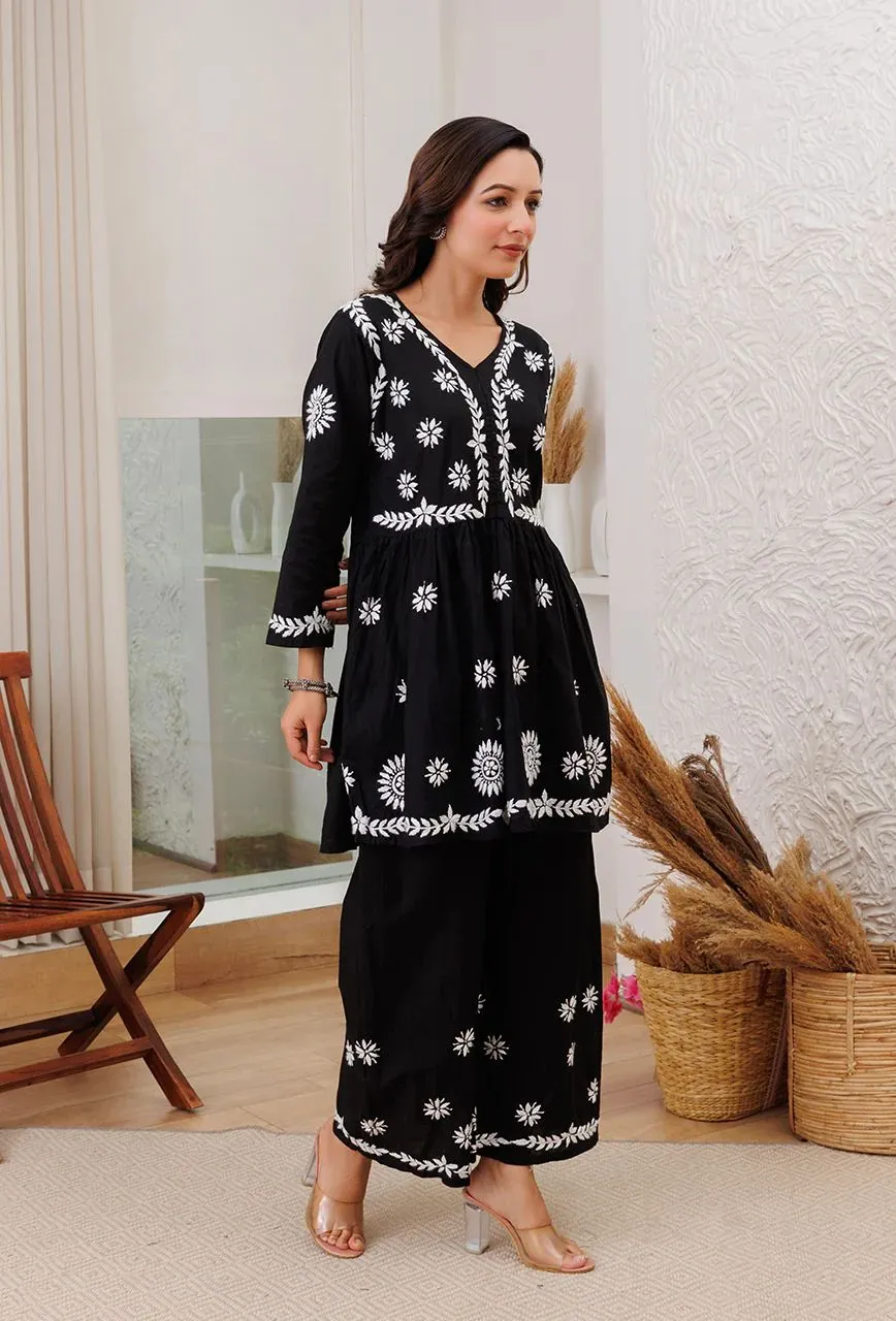 Surkh Black Flared Chikankari Kurta with Palazzo Set