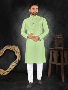 Traditional Butti Weaving Men's Kurta Pajama Set - Light Green