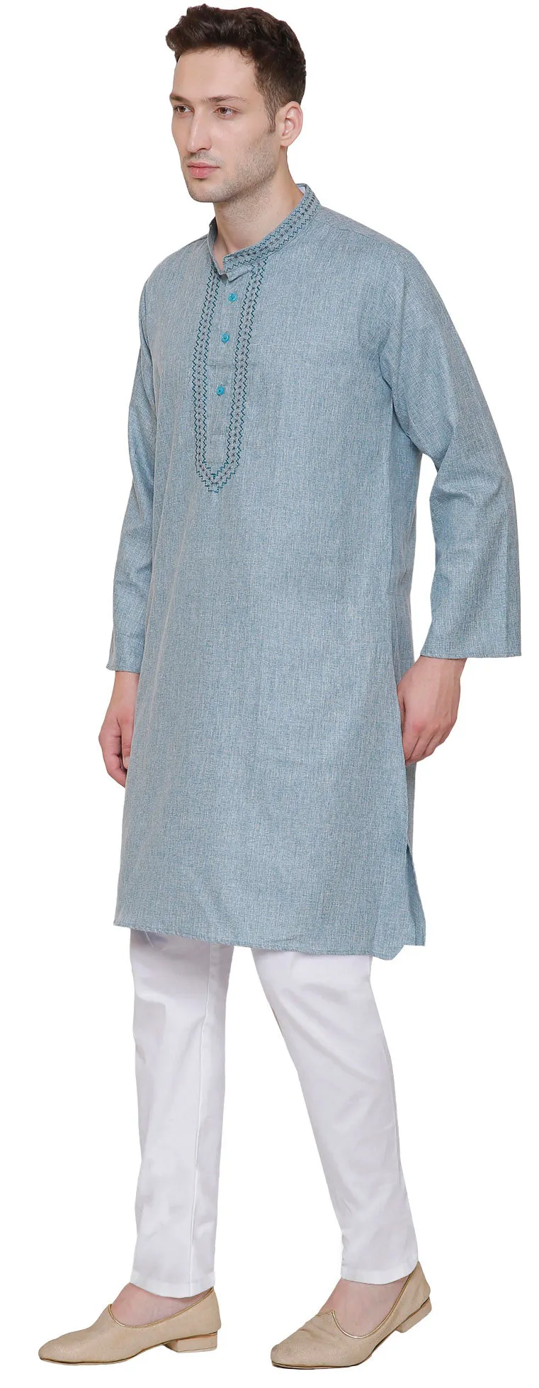 Traditional Indian Clothing Cotton Embroidered Men's Kurta Pajama Set (Green)