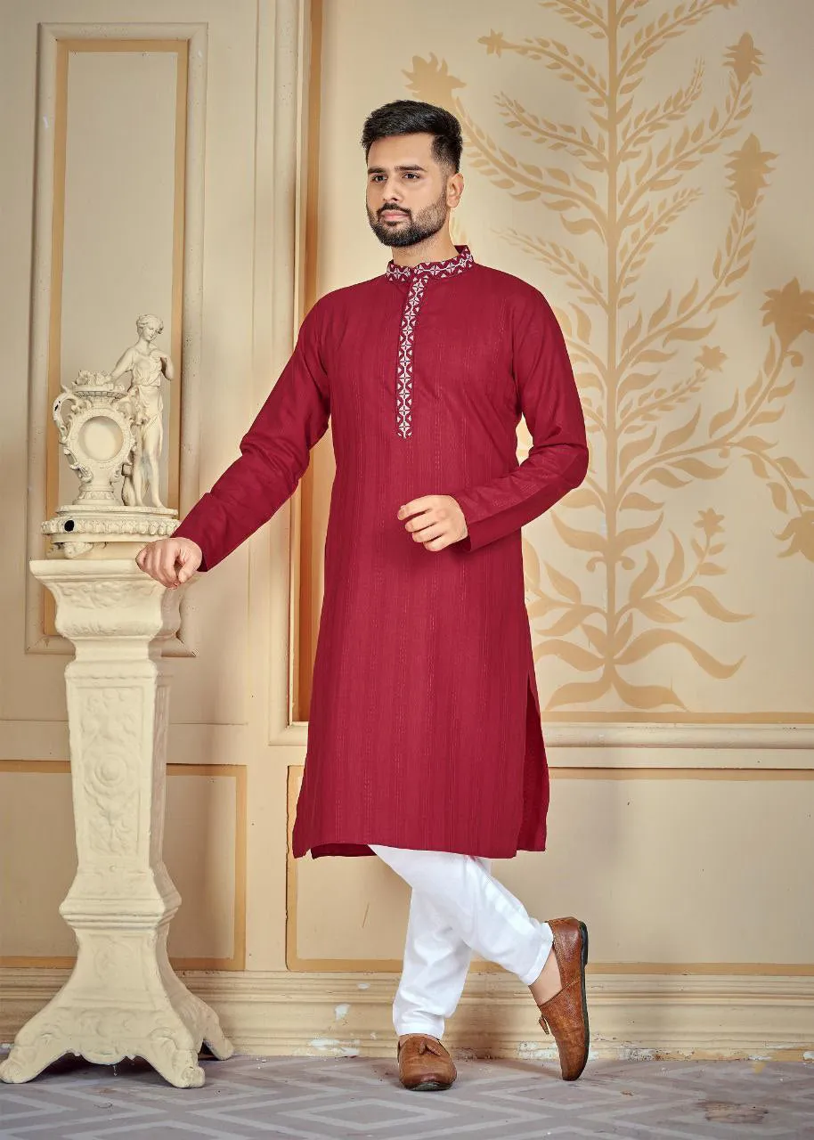 Traditional Red Stripe Weaving Men's Kurta Pajama Set