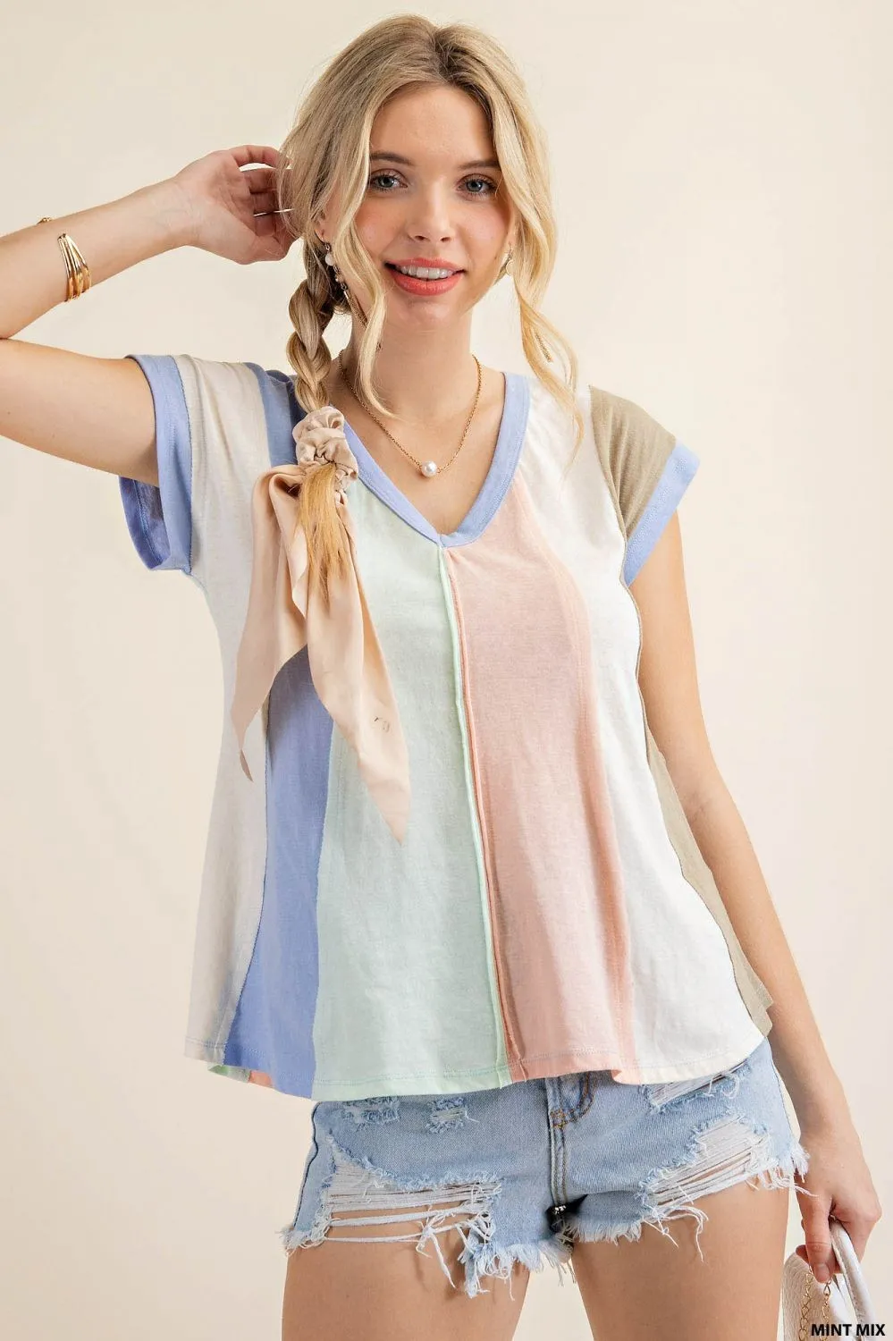 V-Neck Short Sleeve Multi-Stripe Color Top - Mint