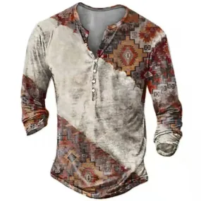 Vintage Men's T-Shirts With Button Ethnic Pattern Print Spring Autumn Loose O-Neck Long Sleeve Oversized T Shirts Male Clothing 070015636