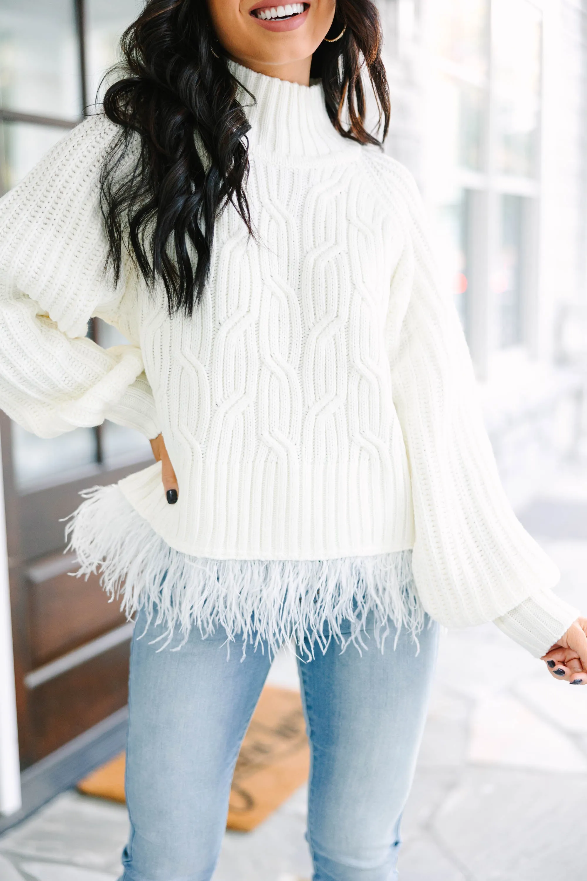 What's Going On Cream White Feather Trim Sweater