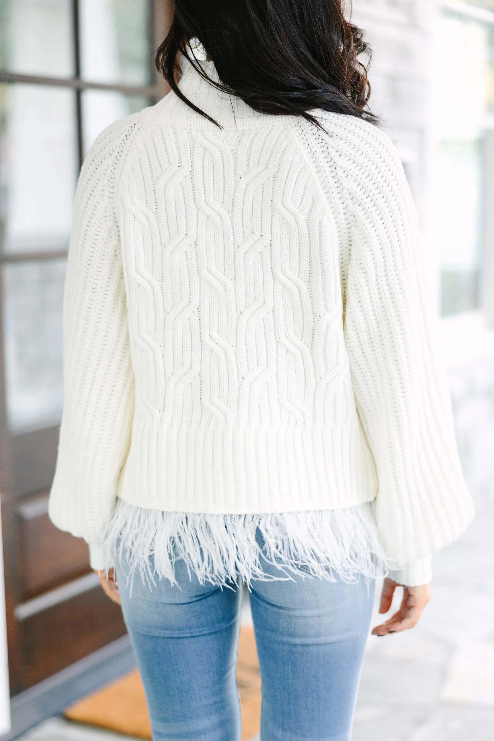 What's Going On Cream White Feather Trim Sweater