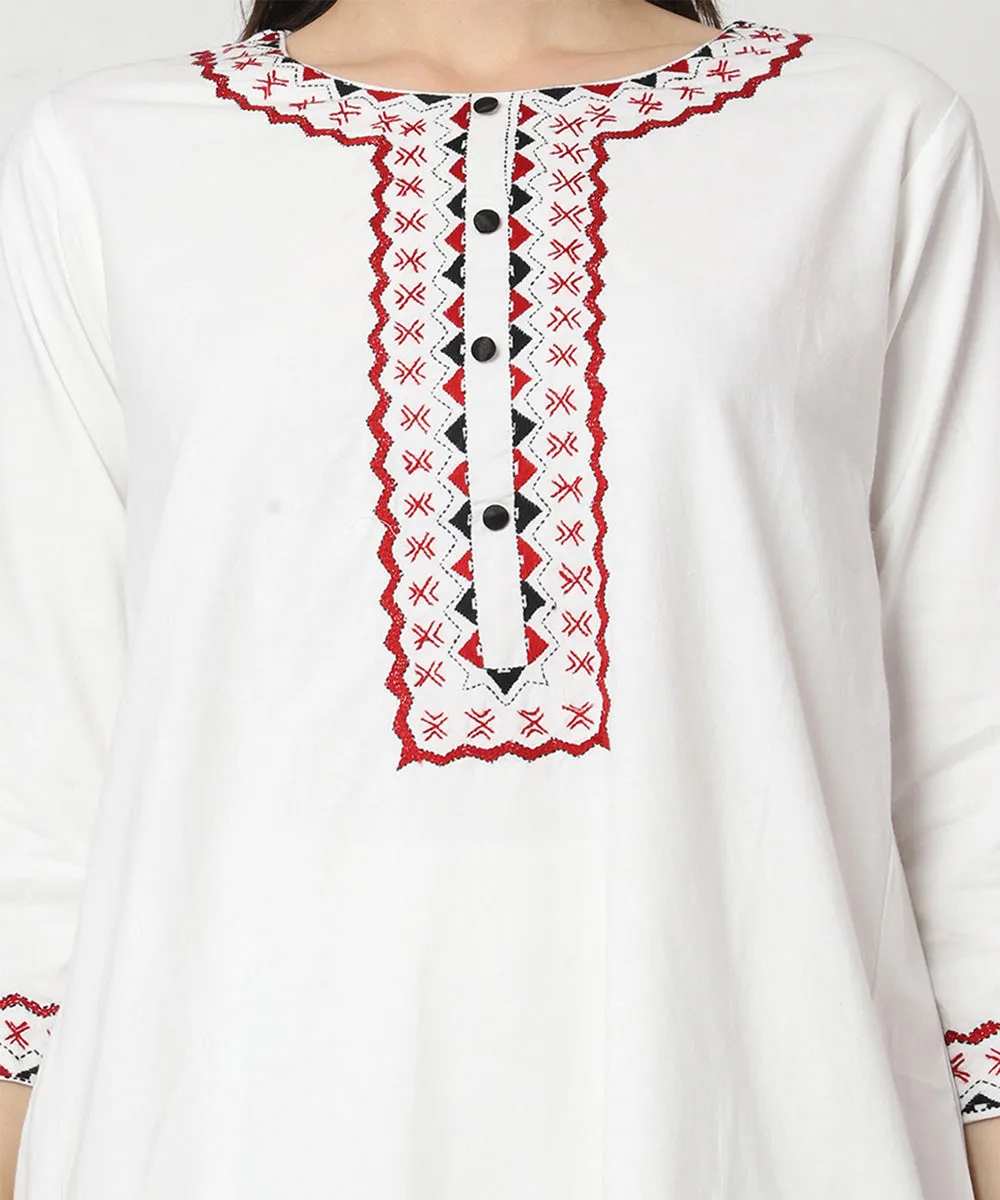 White cotton hand embroidered 3/4 sleeve kurta set