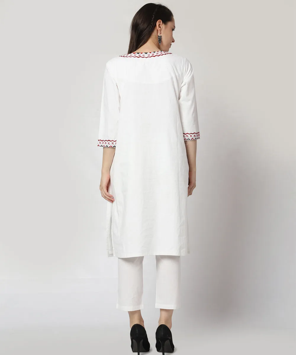 White cotton hand embroidered 3/4 sleeve kurta set