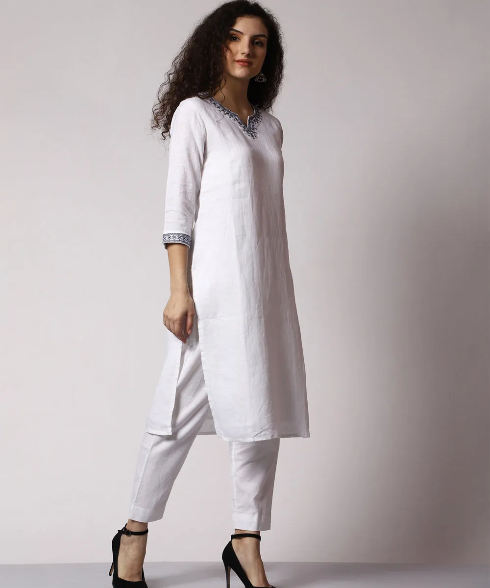 White cotton hand embroidered kurta set