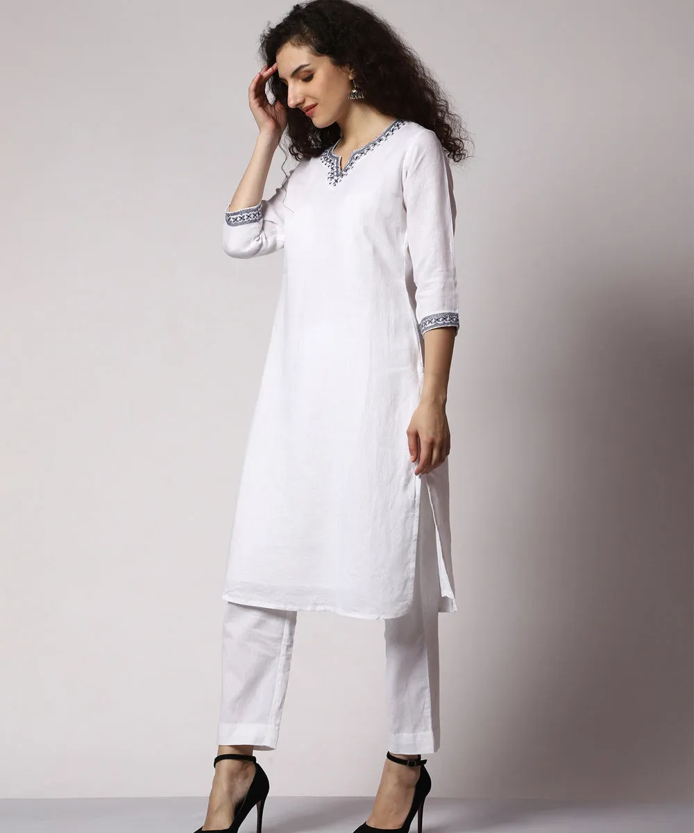 White cotton hand embroidered kurta set