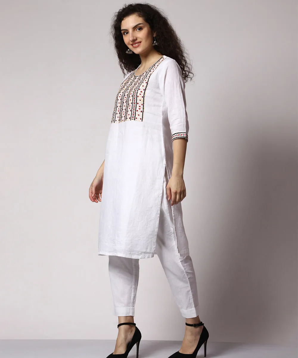 White hand embridered cotton 3/4 sleeves kurta set