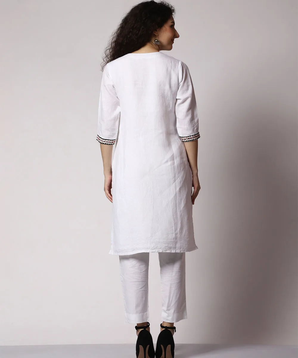 White hand embridered cotton 3/4 sleeves kurta set