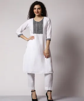 White hand embroidered 3/4 sleeve cotton kurta set