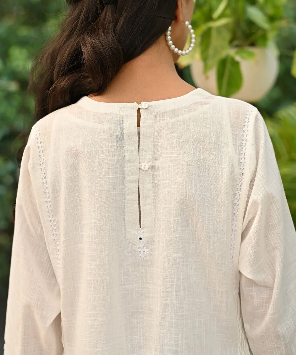 White hand embroidered cotton kimono sleeve kurta