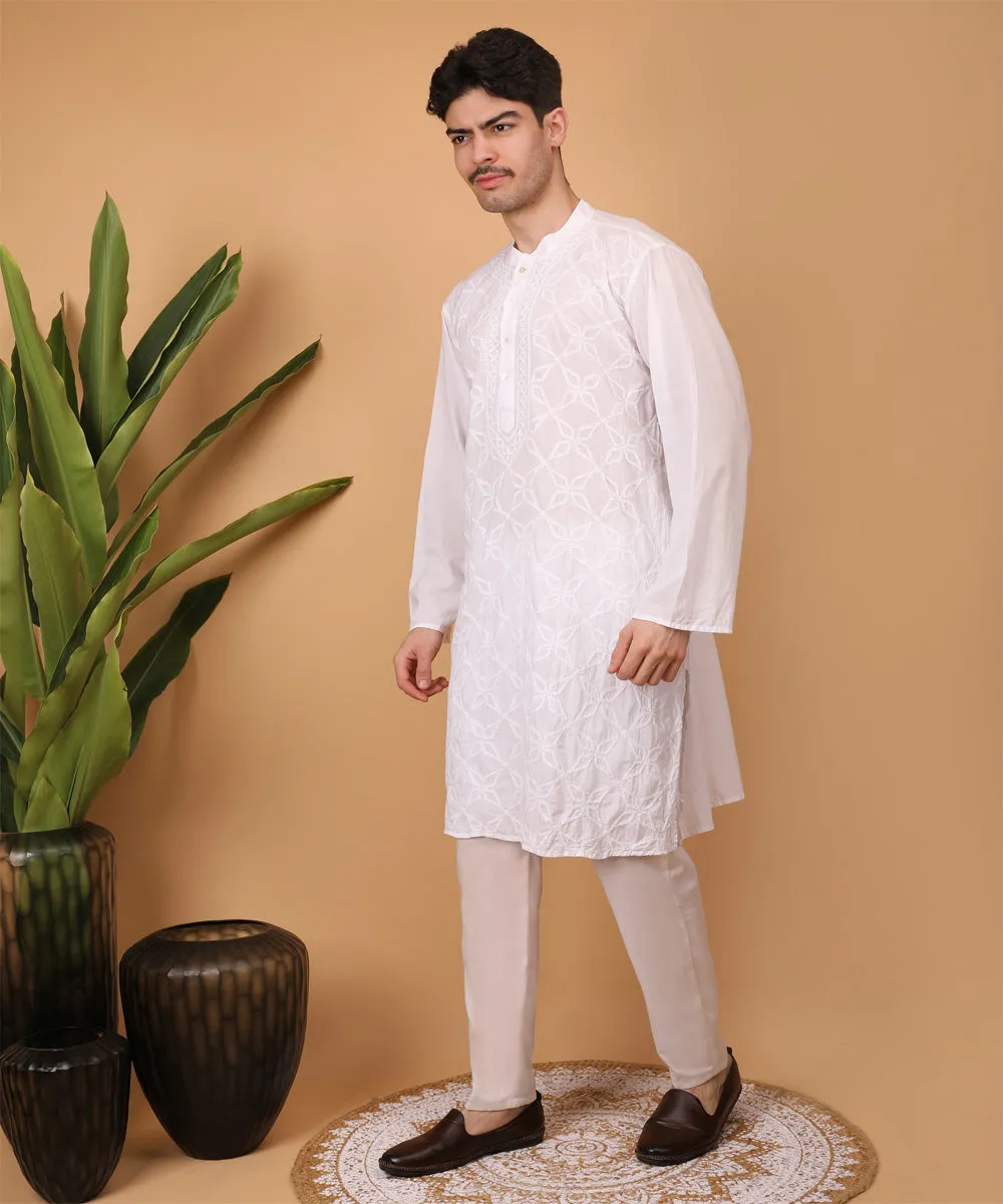 White hand embroidery cotton chikankari kurta