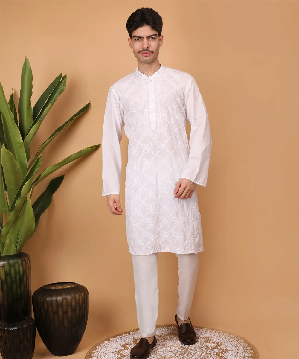 White hand embroidery cotton chikankari kurta