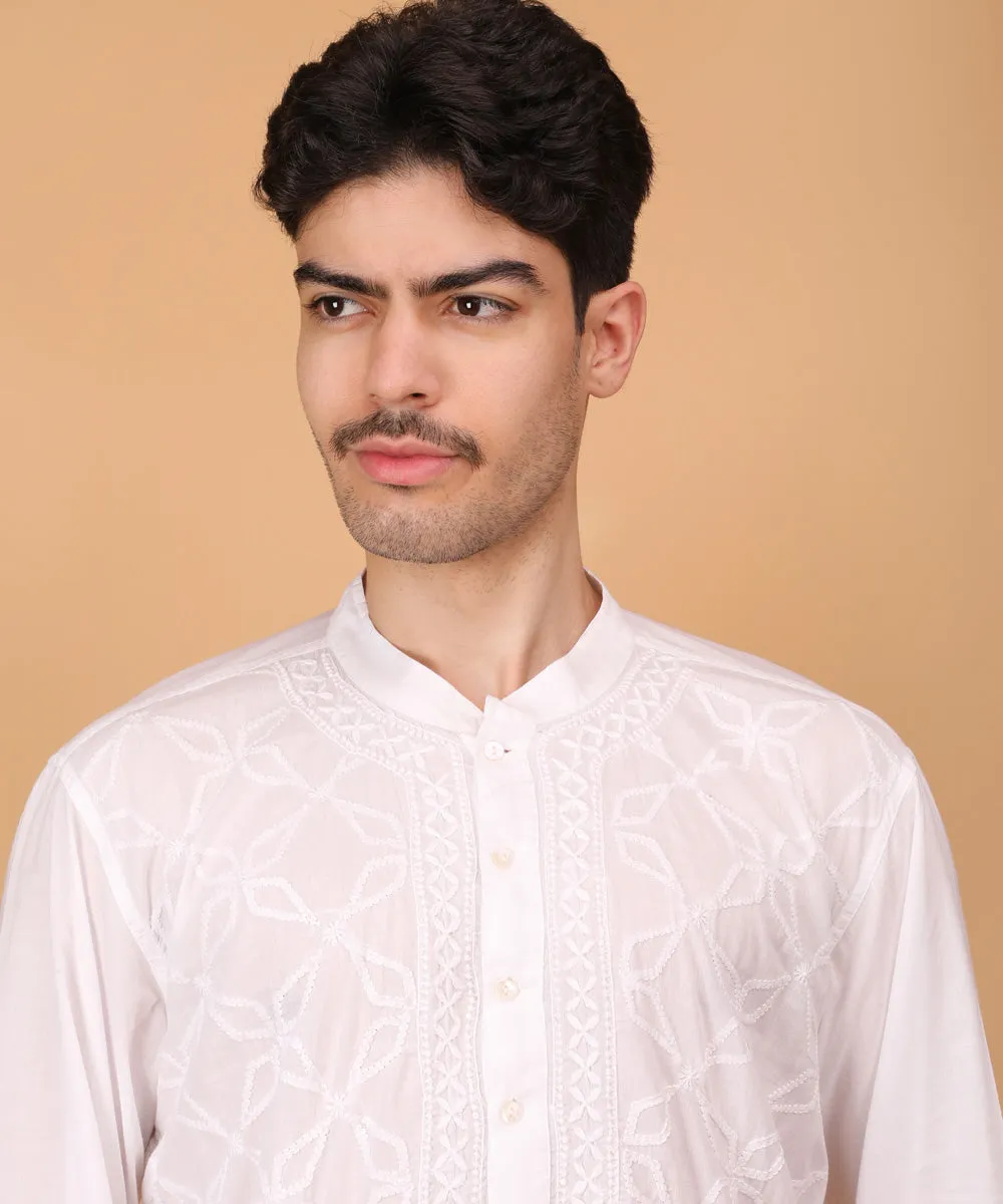 White hand embroidery cotton chikankari kurta