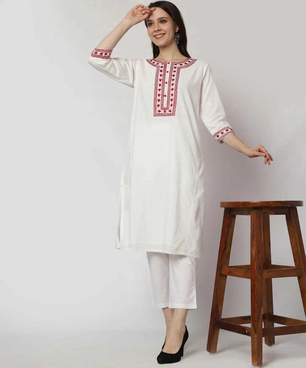 White red cotton hand embroidered kurta set