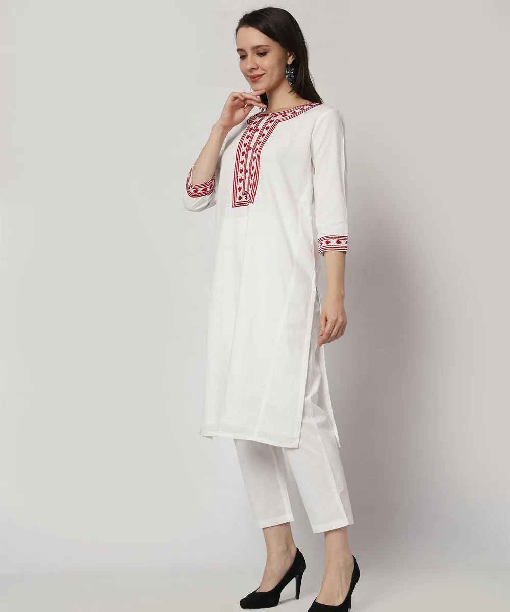 White red cotton hand embroidered kurta set