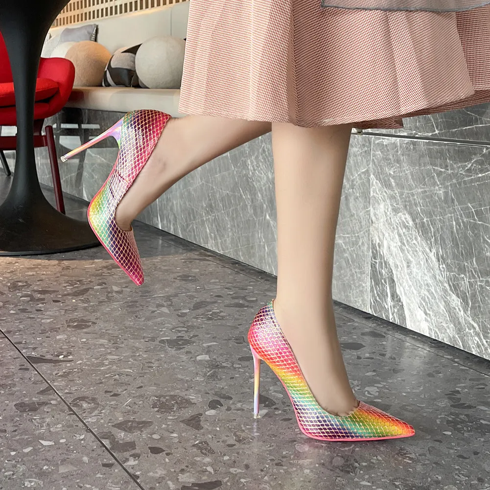 Women's Candy Color Pointed Toe Lattice Shallow Stiletto Heel Pumps