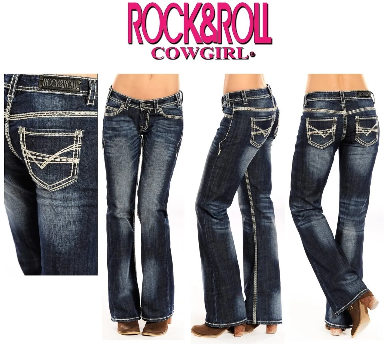 Women's Rock & Roll Cowgirl Dark Vintage Denim Bootcut Jeans