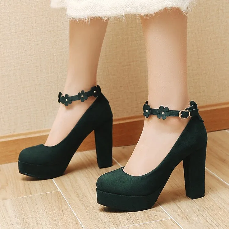 Women's Shallow Sunflower Ankle Strap Chunky Heel Platform Pumps