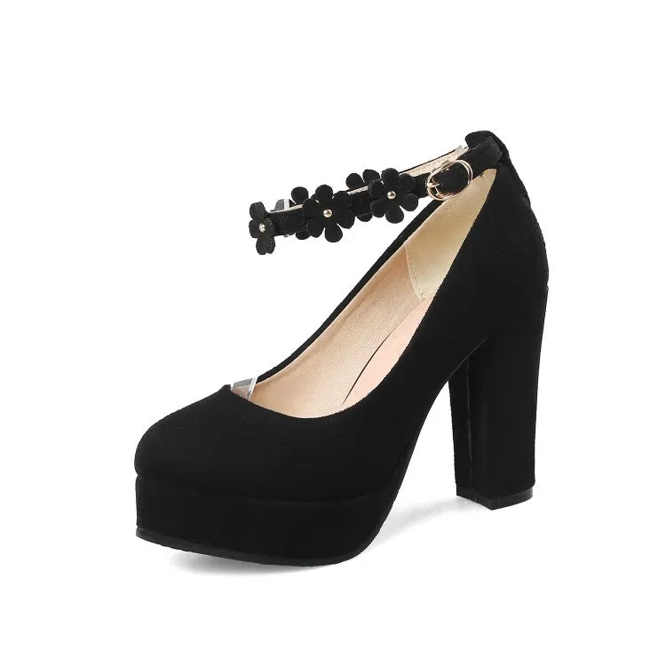 Women's Shallow Sunflower Ankle Strap Chunky Heel Platform Pumps