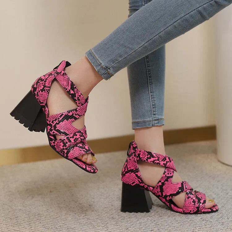 Women's Snake-print Open Toe Cutout Block Chunky Heel Sandals